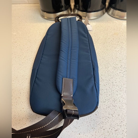 New with Tags Coach Dark Blue Varick Nylon Sling Bag with Brown Leather Trim - Picture 2 of 6